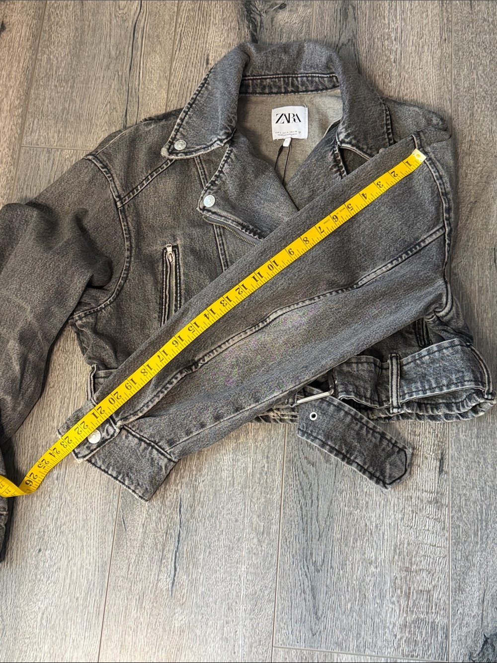 Zara Black Washed Cropped Denim Moto Jacket - Picture 12 of 13
